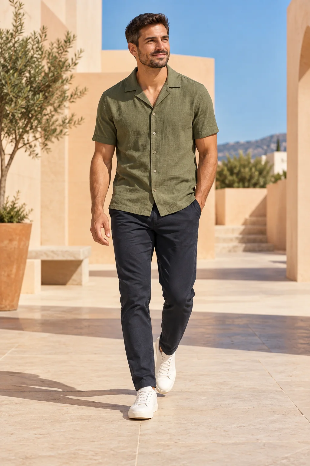 Campanha ilustrativa: homem com camisa verde em cenário ensolarado